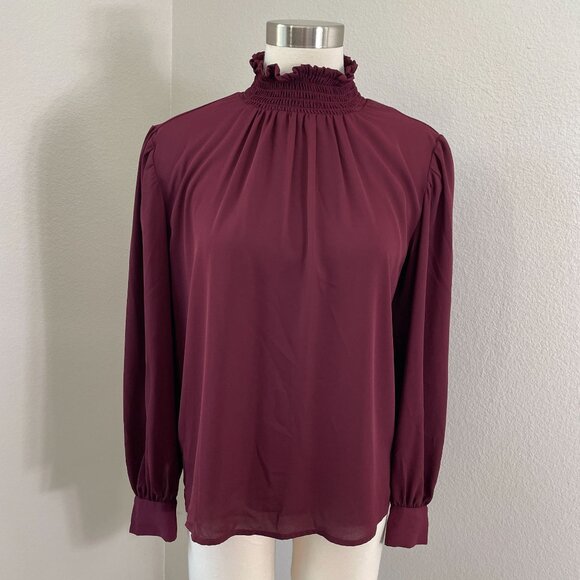 Ann Taylor Womens Small Burgundy Smocked Mock Neck Long Sleeve Blouse Shirt - Picture 1 of 10